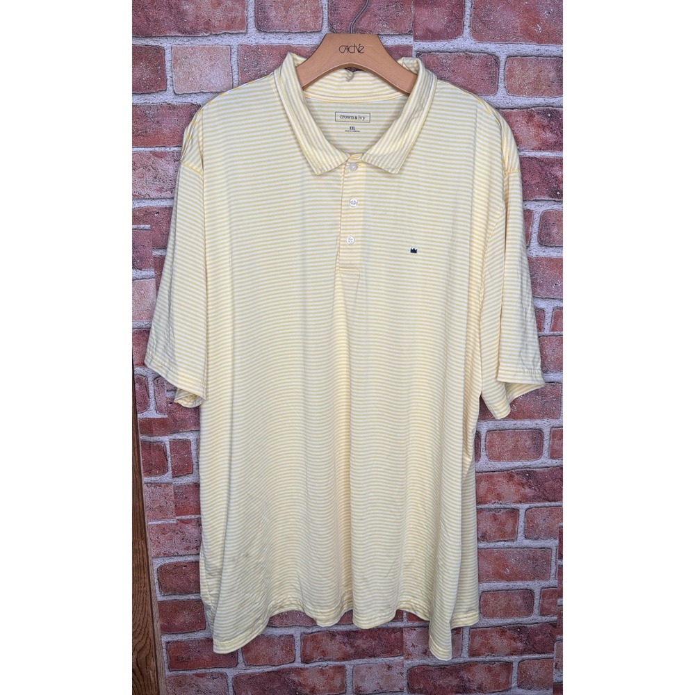 Crown & Ivy Mens XXL Polo Shirt Yellow‎ White Striped Short Sleeve Crown Logo